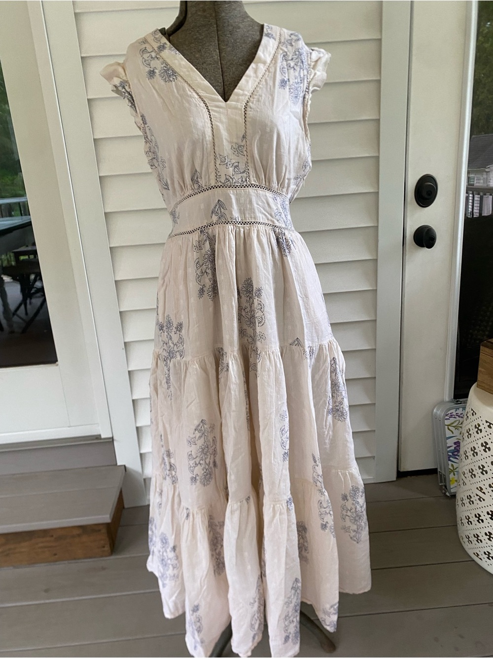 Lucky Brand Cream Maxi Dress with Blue Floral Print